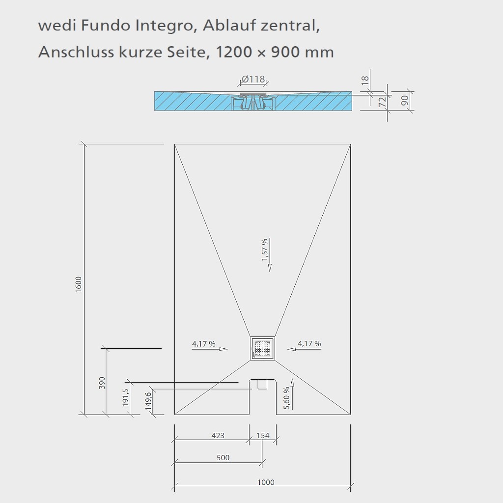 wedi Fundo Integro RECHTECKIG | Ablauf ZENTRAL | Anschluß KURZE SEITE