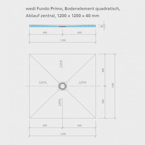 wedi Fundo Primo QUADRATISCH | Ablauf ZENTRAL | 800 x 800 x 40 mm