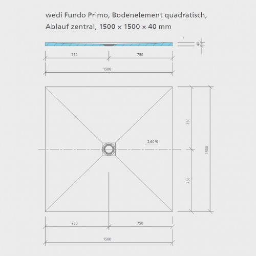 wedi Fundo Primo QUADRATISCH | Ablauf ZENTRAL | 800 x 800 x 40 mm
