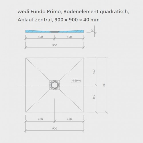 wedi Fundo Primo QUADRATISCH | Ablauf ZENTRAL | 800 x 800 x 40 mm