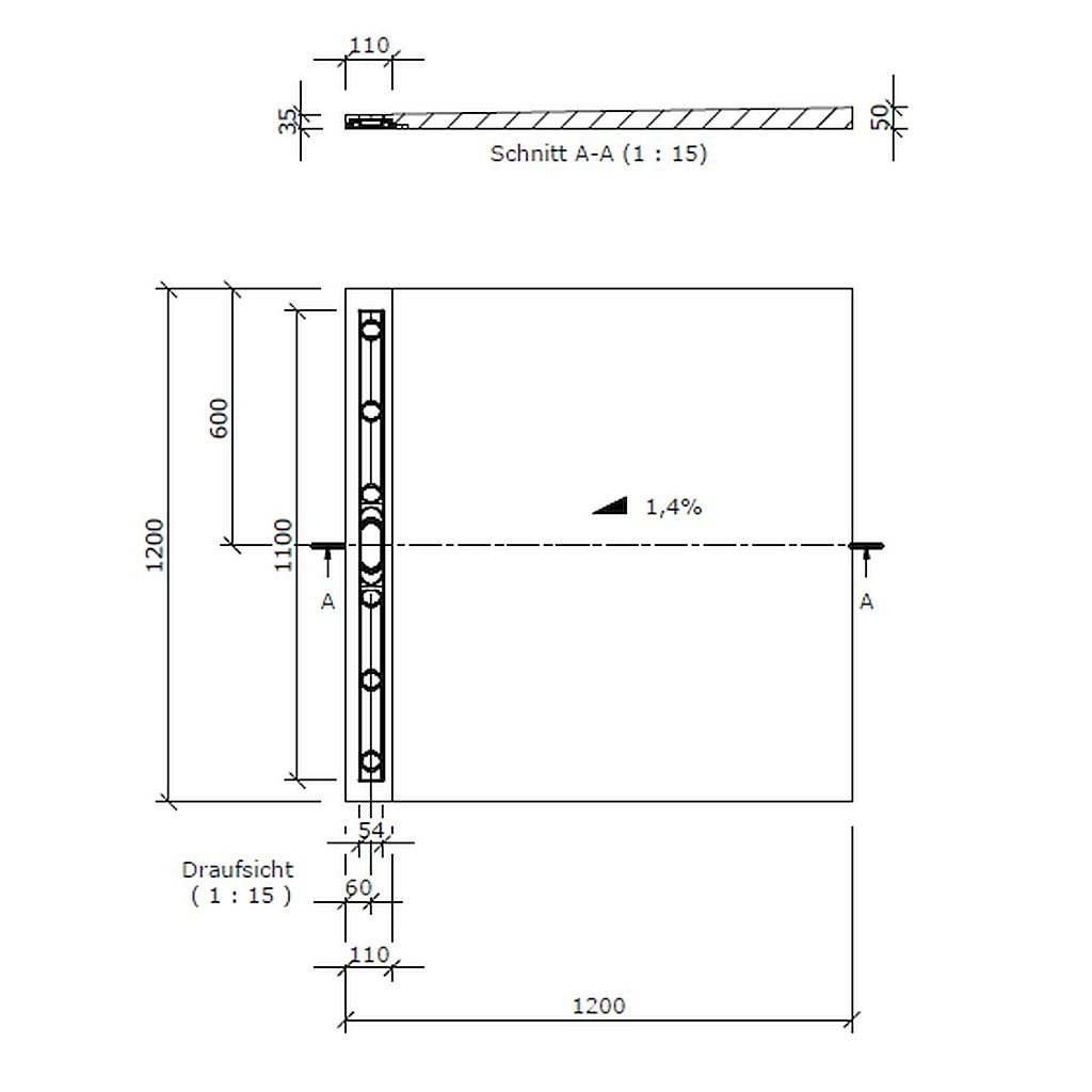 wedi Fundo Riolito Neo QUADRATISCH | 900 x 900 x 50 mm Lange Rinne
