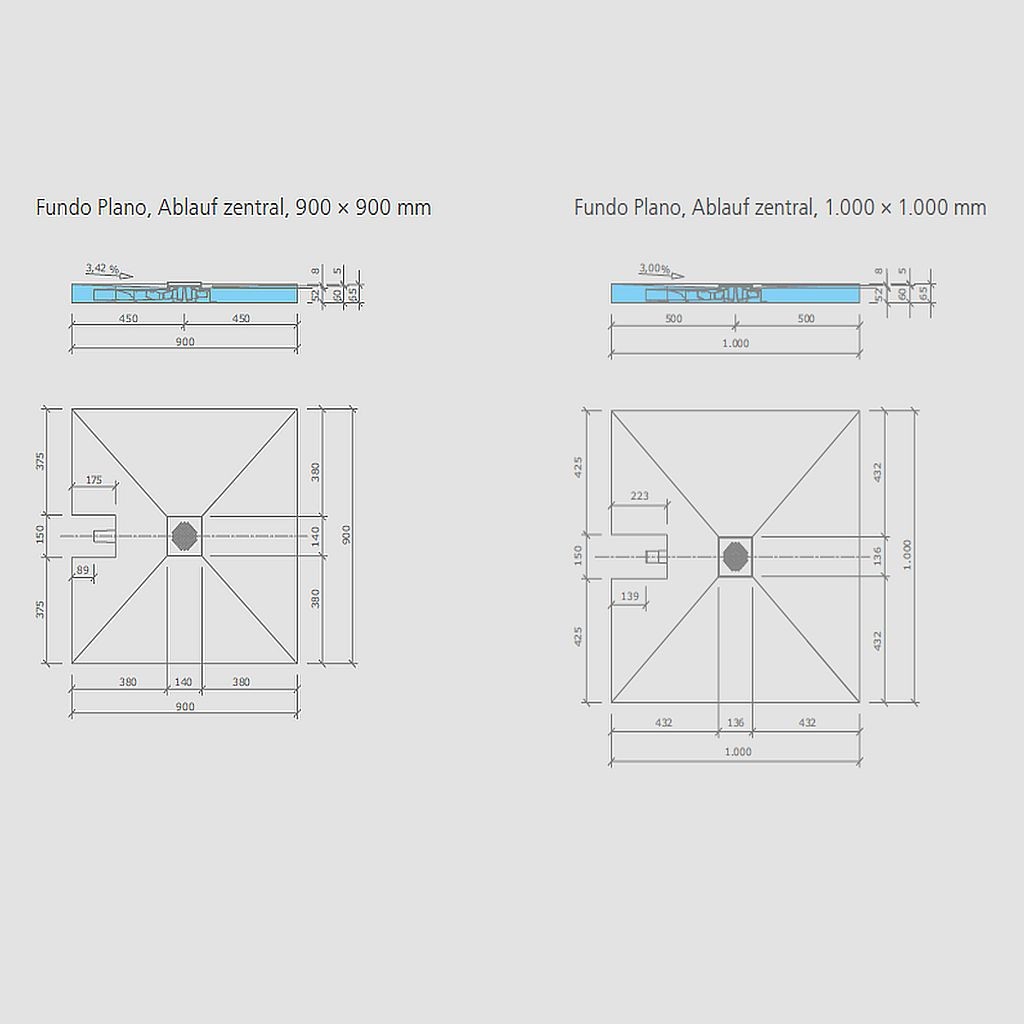wedi Fundo Plano Z | QUADRATISCH | Ablauf ZENTRAL | 900 x 900 x 65 mm