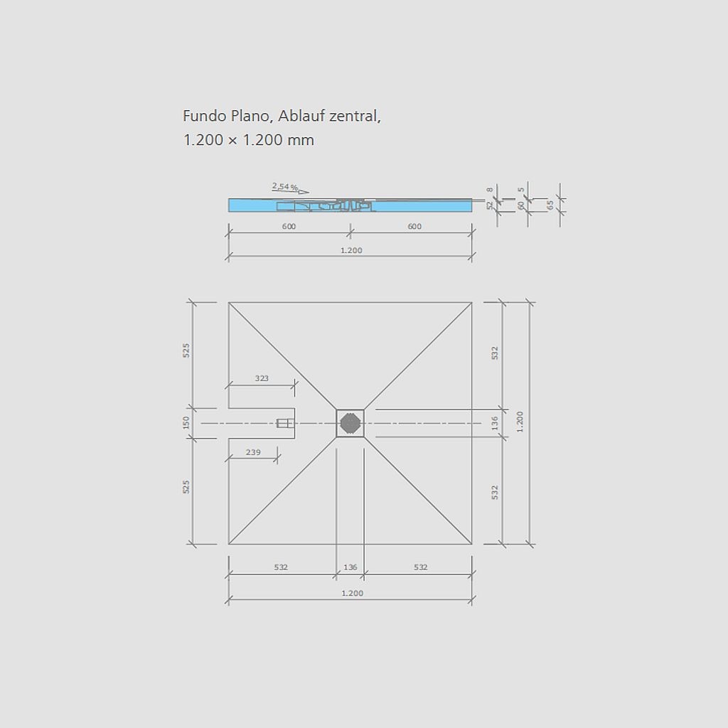 wedi Fundo Plano Z | QUADRATISCH | Ablauf ZENTRAL | 900 x 900 x 65 mm