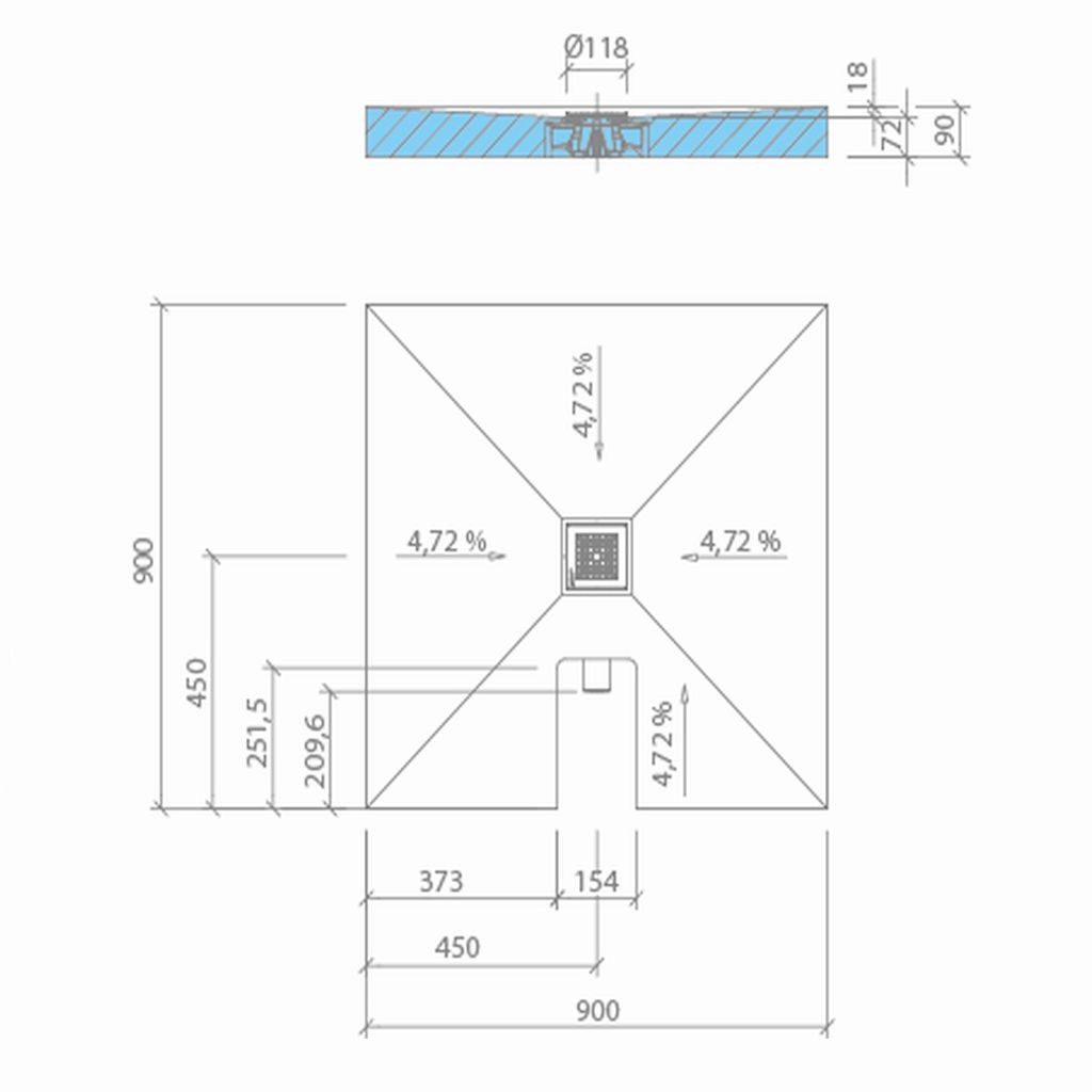 wedi Fundo Integro  QUADRATISCH | Ablauf ZENTRAL | 900 x 900 x 90 mm