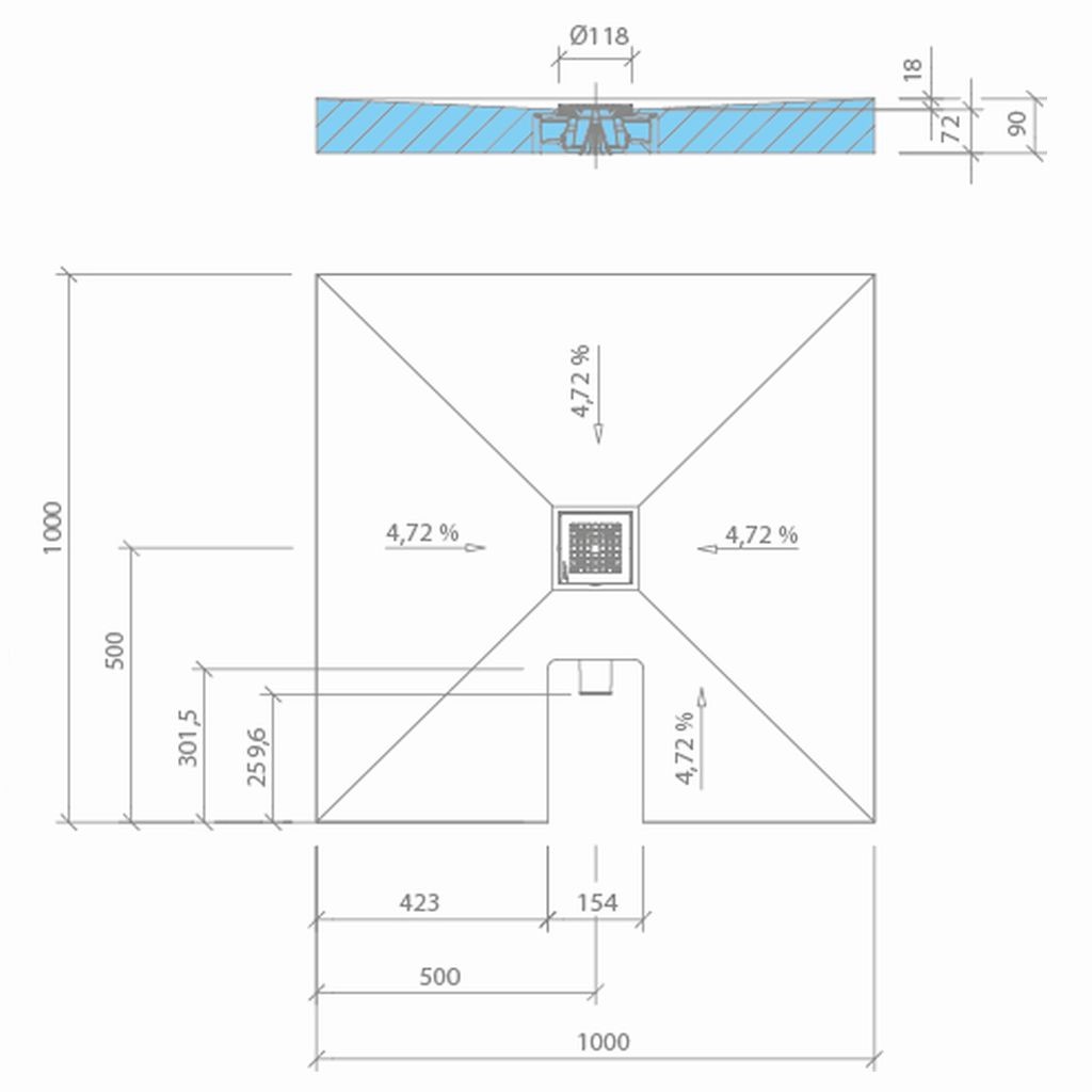 wedi Fundo Integro  QUADRATISCH | Ablauf ZENTRAL | 900 x 900 x 90 mm