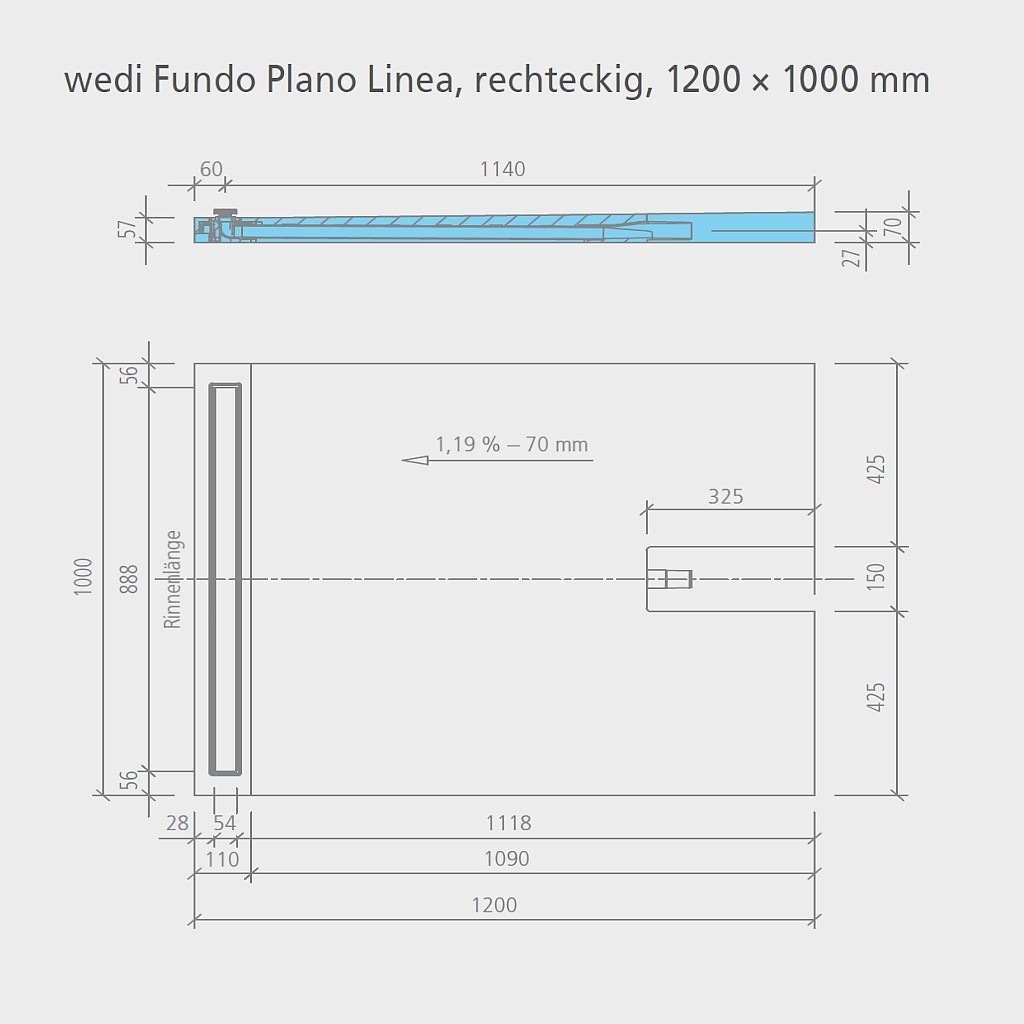 wedi Fundo Plano Linea  Bodenelement RECHTECKIG | 1200 x 800 x 70 mm Lange Rinne
