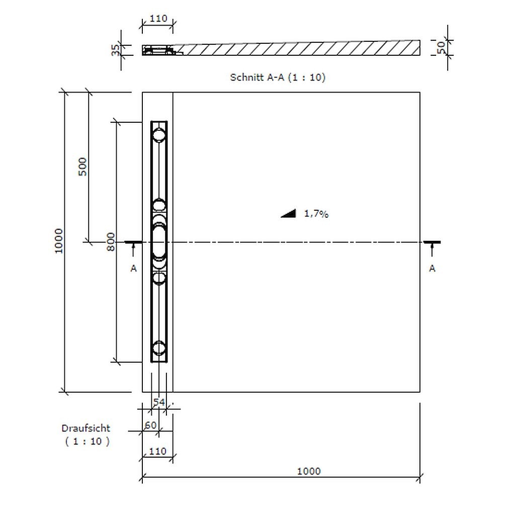 wedi Fundo Riolito Neo QUADRATISCH | 900 x 900 x 50 mm Lange Rinne
