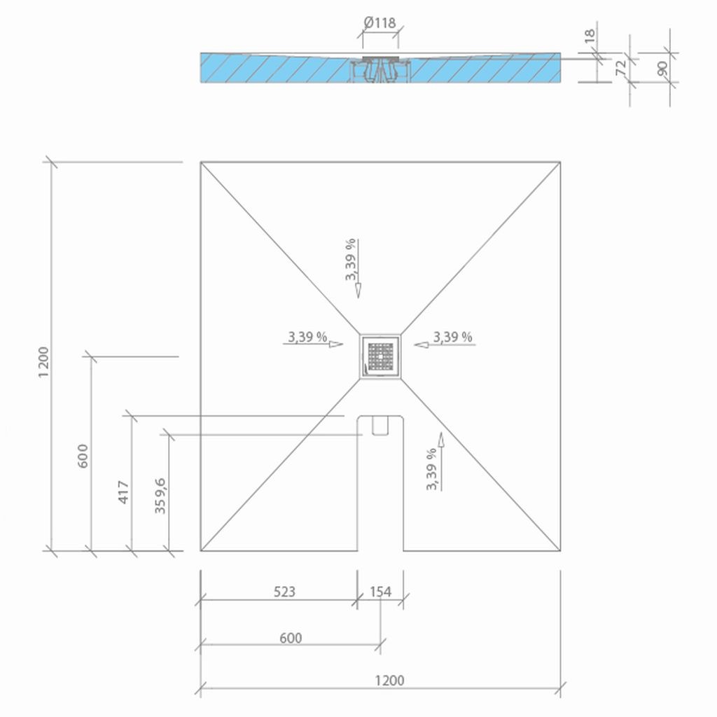 wedi Fundo Integro  QUADRATISCH | Ablauf ZENTRAL | 900 x 900 x 90 mm