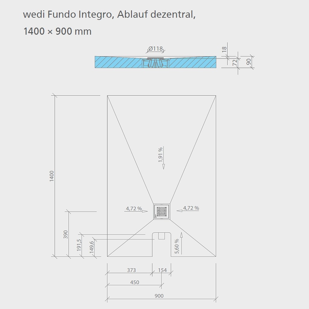 wedi Fundo Integro RECHTECKIG | Ablauf DEZENTRAL | 1200 x 900 x 90 mm