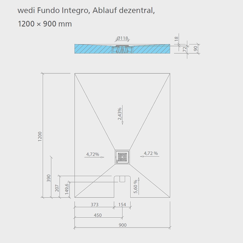 wedi Fundo Integro RECHTECKIG | Ablauf DEZENTRAL | 1200 x 900 x 90 mm