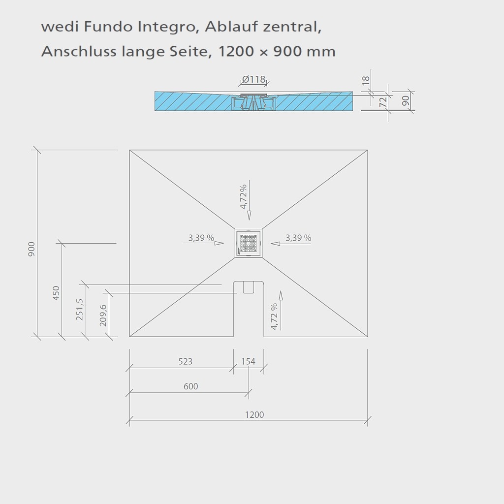 wedi Fundo Integro RECHTECKIG | Ablauf ZENTRAL | Anschluß KURZE SEITE